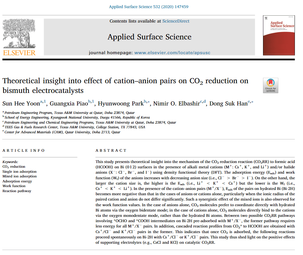 Paper on effect of cation–anion pairs on CO2 reduction on bismuth electrocatalysts published in Applied Surface Science!